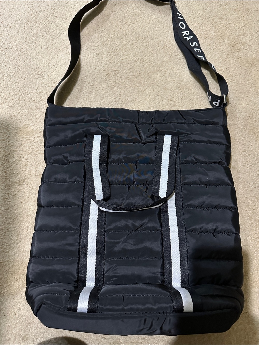 Sephora Black Quilted Messenger Tote with White-Trim Straps